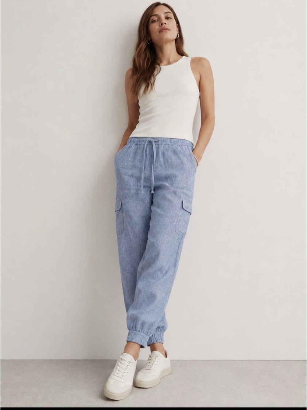 Nicole Miller Blue European 100% Flax Linen Cargo Jogger Pants Size Medium